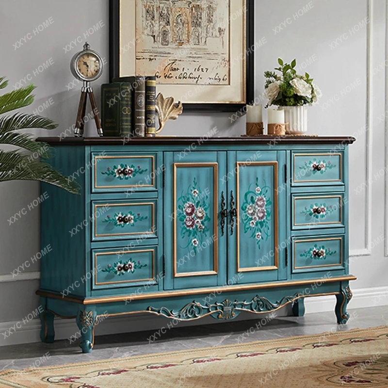 Sideboard Cabinet Solid Wood Rustic Entryway Cabinet Vintage Painted Storage Cabinet