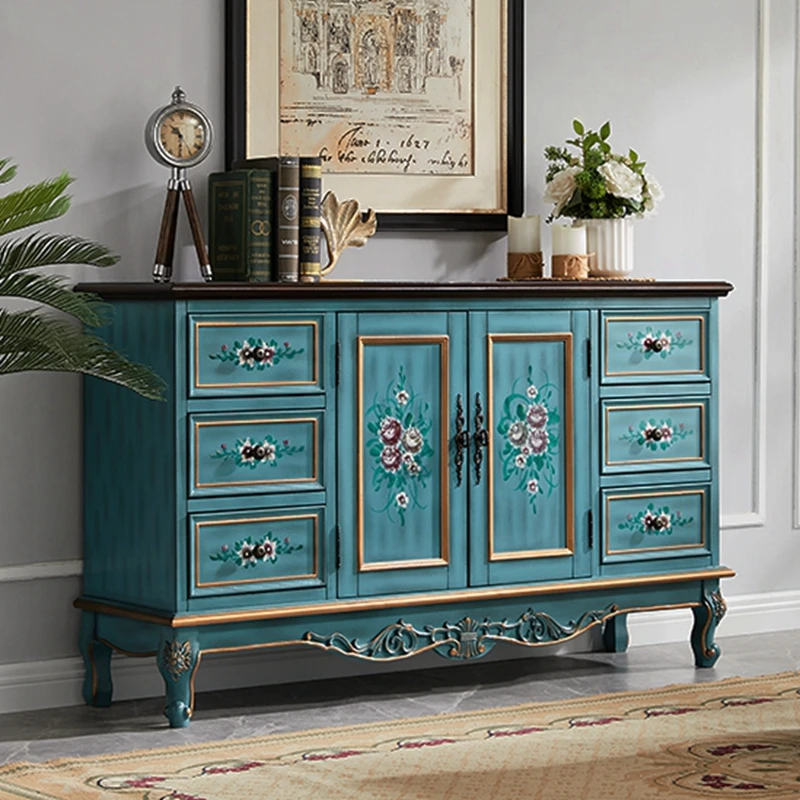 Sideboard Cabinet Solid Wood Rustic Entryway Cabinet Vintage Painted Storage Cabinet