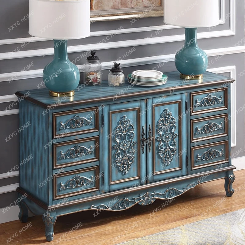 Sideboard Cabinet Solid Wood Rustic Entryway Cabinet Vintage Painted Storage Cabinet