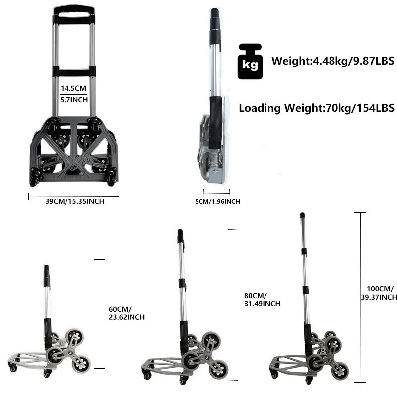 2025 NEW 150kg All Terrain Stair Climbing Cart Hand Truck with Bungee Cord Portable Folding Trolley for Upstairs Cargo with bag