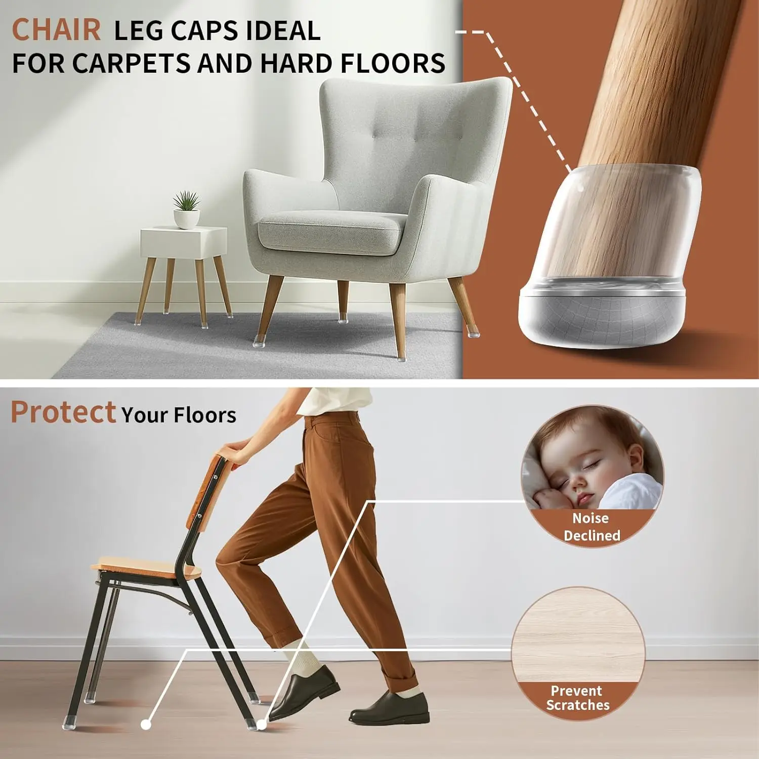 24pcs Gray Chair Leg Cover Diagonal Leg Floor Protectors Silicone Furniture Table Feet Protect for Chair Table No Noise