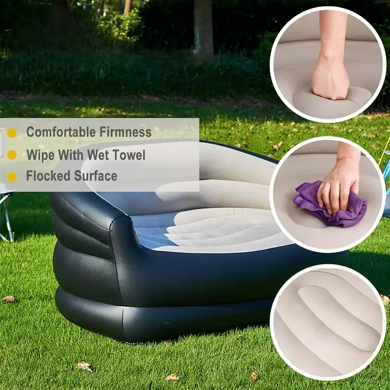 1pc Outdoor portable inflatable bed, lounging double sofa, folding camping inflatable recliner, flocking outdoor inflatable sofa