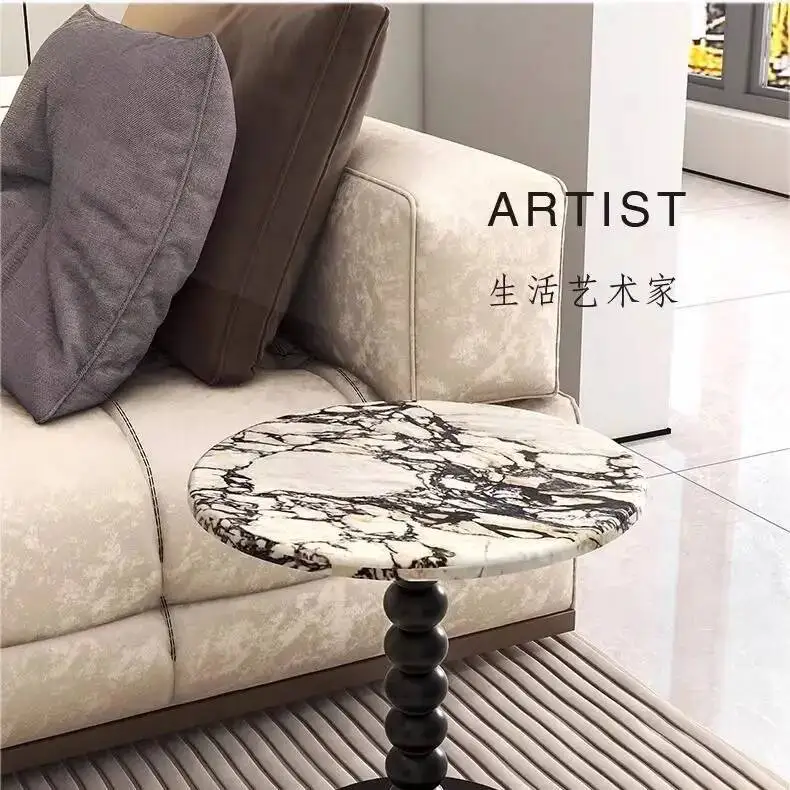 Natural Retro Marble Coffee Table Living Room Balcony Round Table Side Table French Home Bedside Tables Stone Tabletop