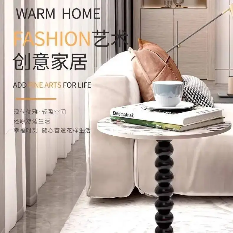 Natural Retro Marble Coffee Table Living Room Balcony Round Table Side Table French Home Bedside Tables Stone Tabletop