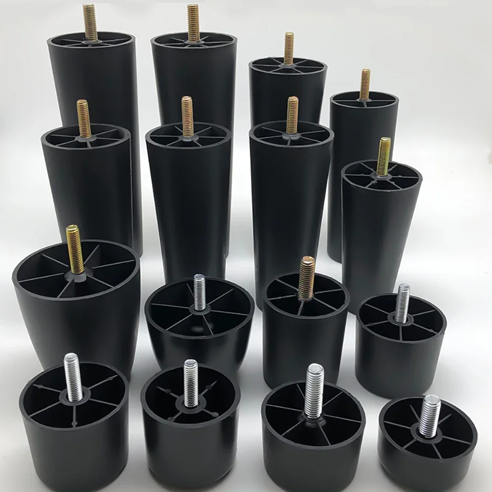 Round Tapered Black Plastic Furniture Legs Feet High 25-180MM Anti Slip Foot Pad With M8 M10 Thread Shank For Sofa And Chair