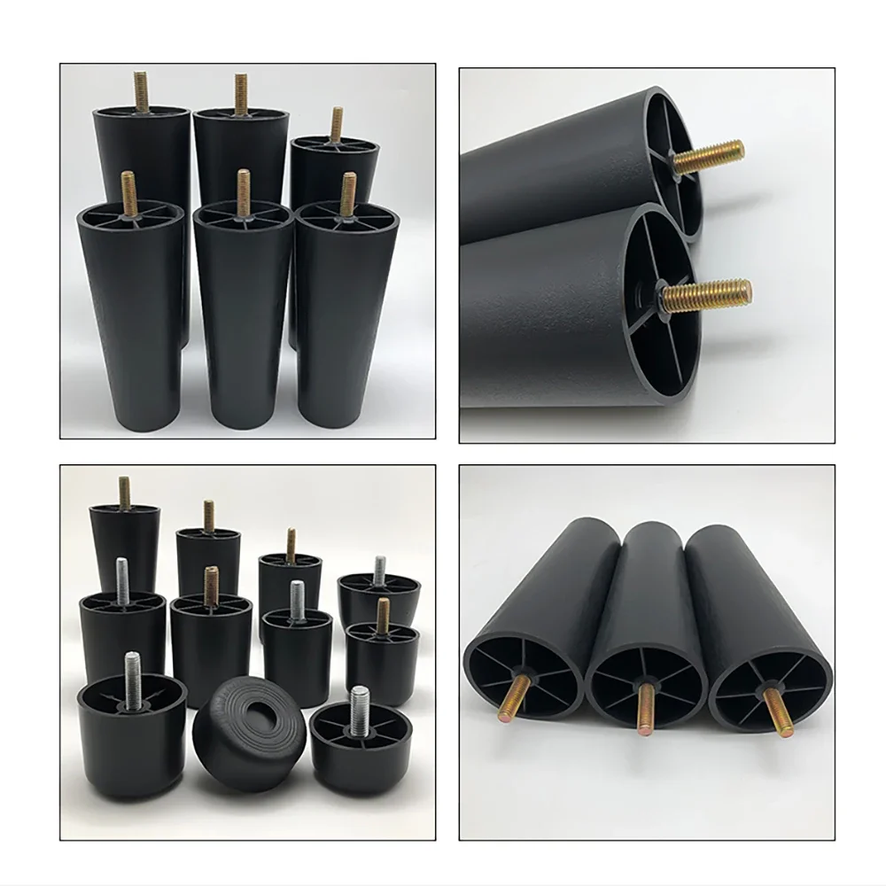 Round Tapered Black Plastic Furniture Legs Feet High 25-180MM Anti Slip Foot Pad With M8 M10 Thread Shank For Sofa And Chair