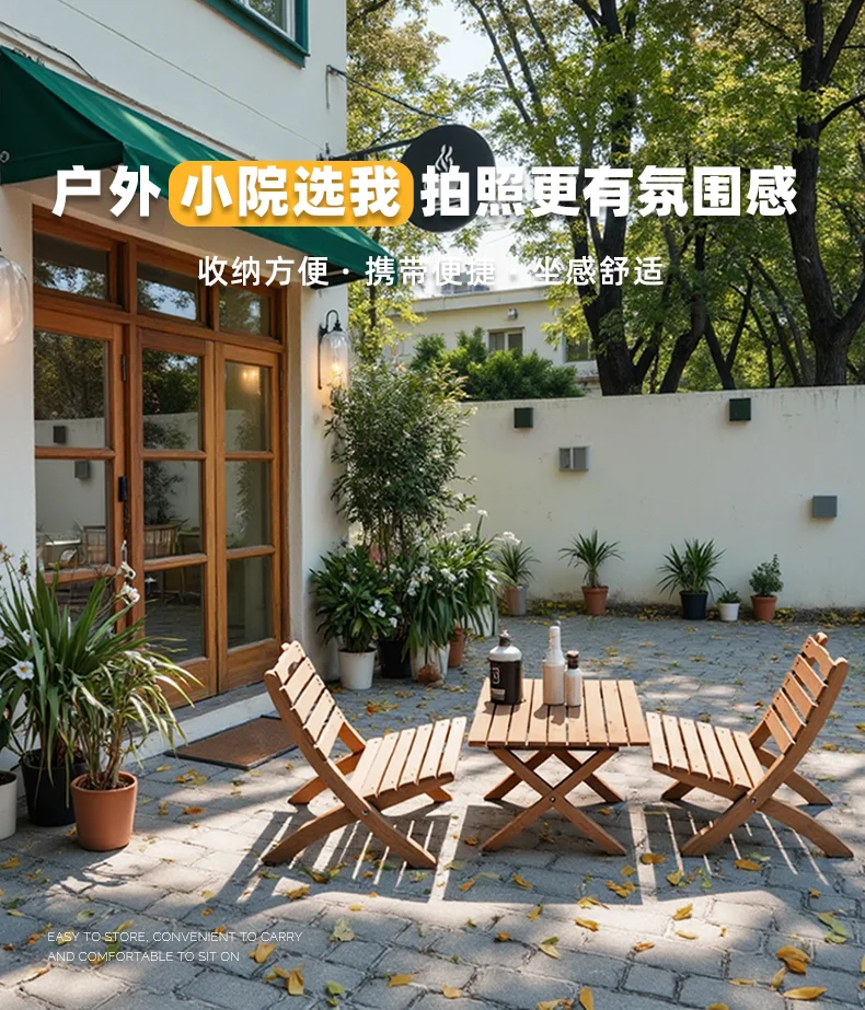 Outdoor Folding Chairs and Table Patio Garden Cafe Bistro Furniture Bamboo Beach Backrest Seating Commercial Picnic Table