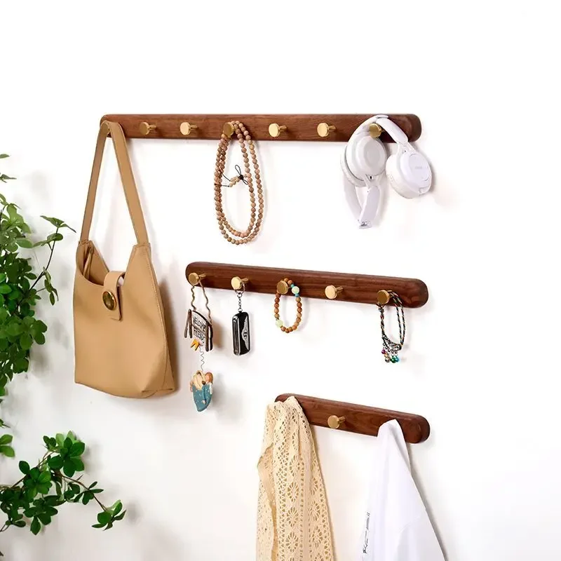 Walnut Beech Solid Wood Brass Clothes Hook Entrance Foyer Coat Racks Wall Hanging Scarf Hats Keys Organizer Shelf Home Decor