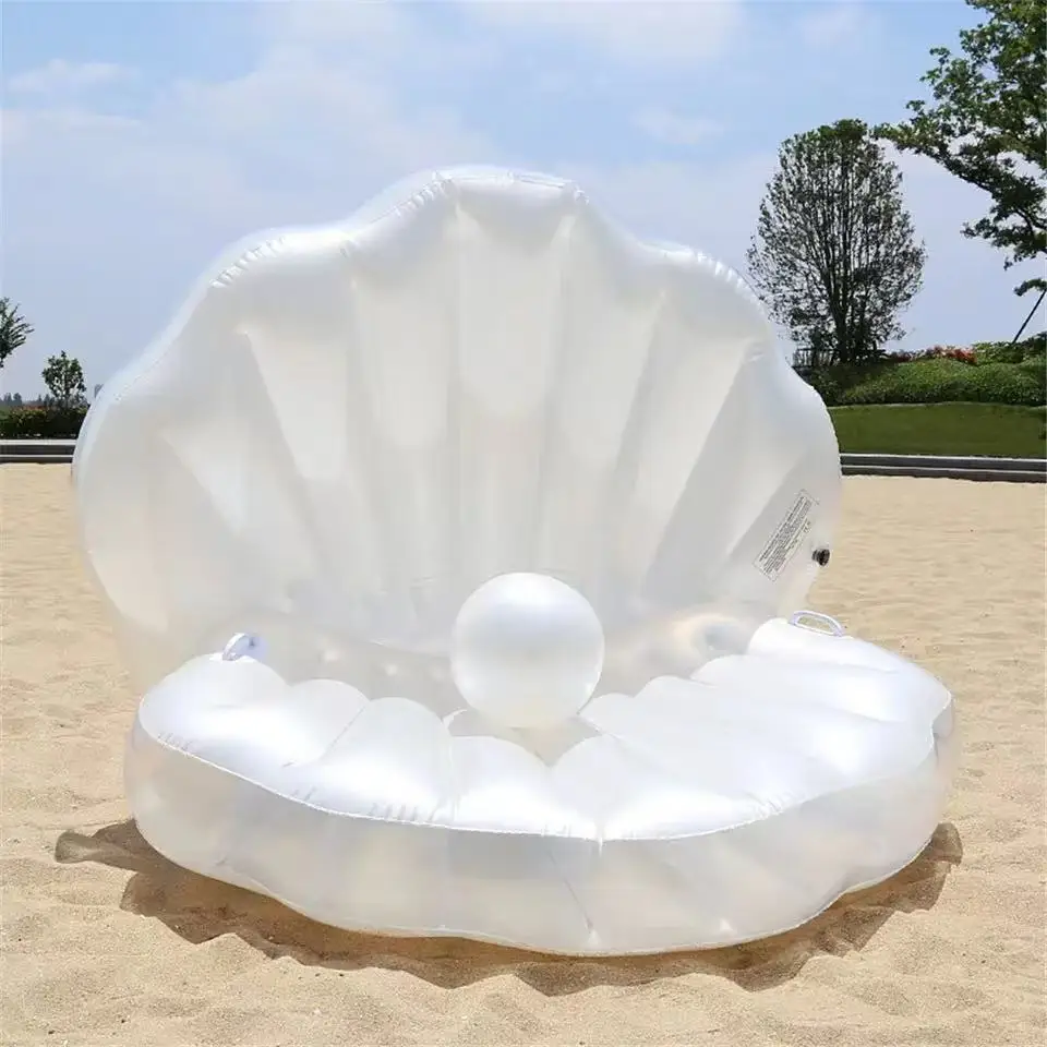 Inflatable Shell Shaped White PVC Seashell Pool Float, Blow Up Giant Clam Floatie with Pearl Ball, Shell Pool Floating Ride On