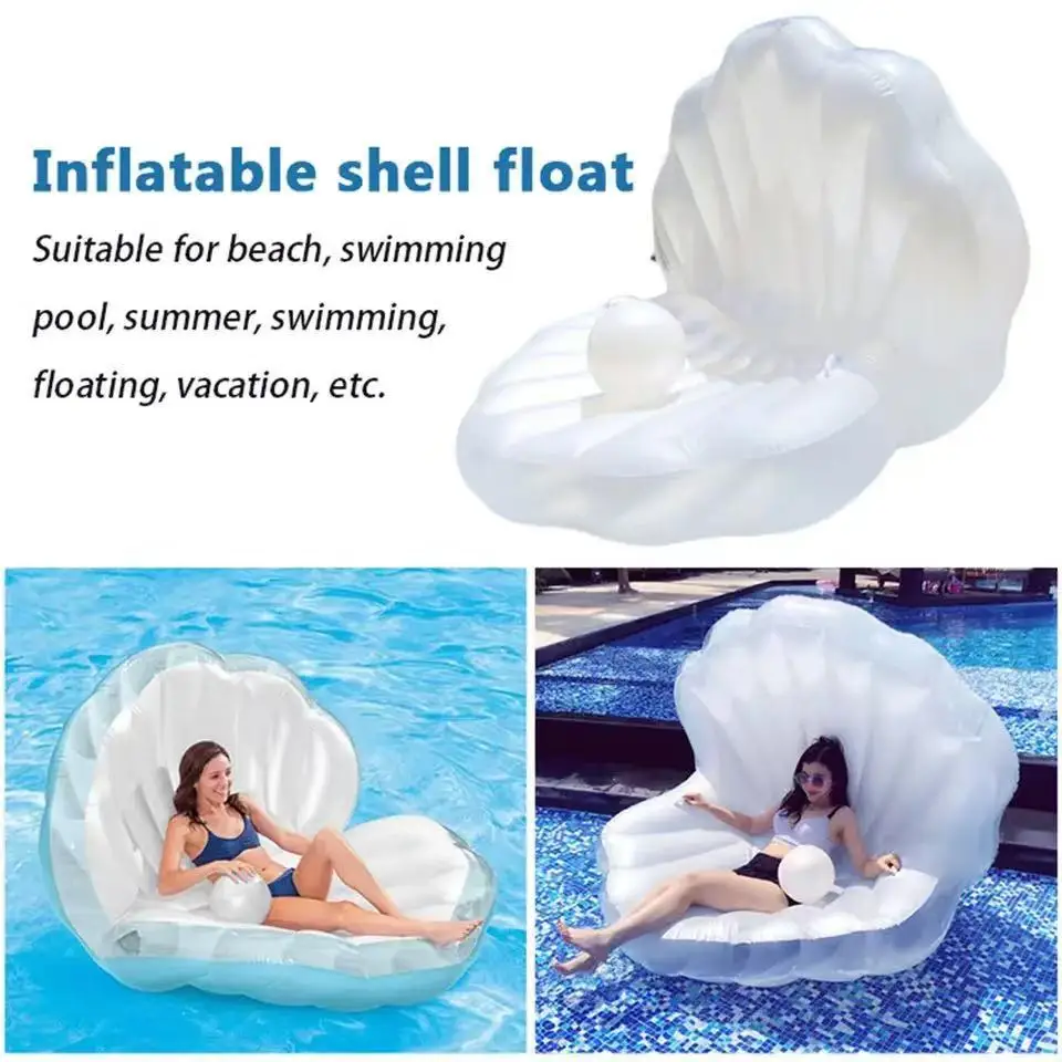 Inflatable Shell Shaped White PVC Seashell Pool Float, Blow Up Giant Clam Floatie with Pearl Ball, Shell Pool Floating Ride On
