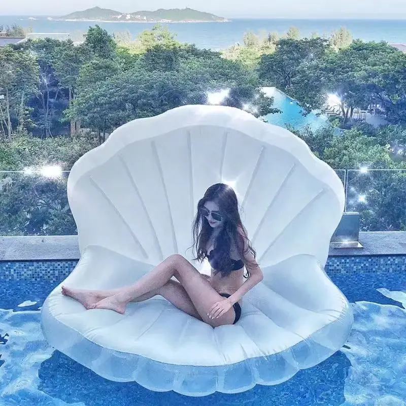 Inflatable Shell Shaped White PVC Seashell Pool Float, Blow Up Giant Clam Floatie with Pearl Ball, Shell Pool Floating Ride On