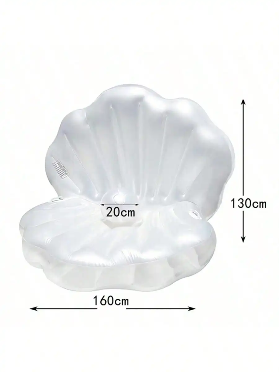 Inflatable Shell Shaped White PVC Seashell Pool Float, Blow Up Giant Clam Floatie with Pearl Ball, Shell Pool Floating Ride On