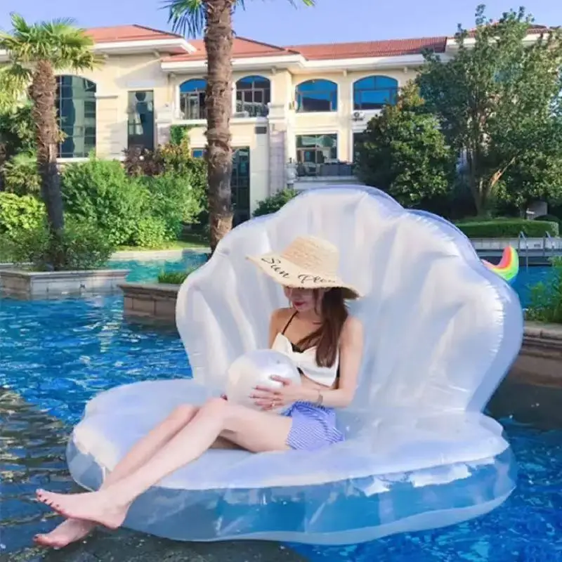 Inflatable Shell Shaped White PVC Seashell Pool Float, Blow Up Giant Clam Floatie with Pearl Ball, Shell Pool Floating Ride On