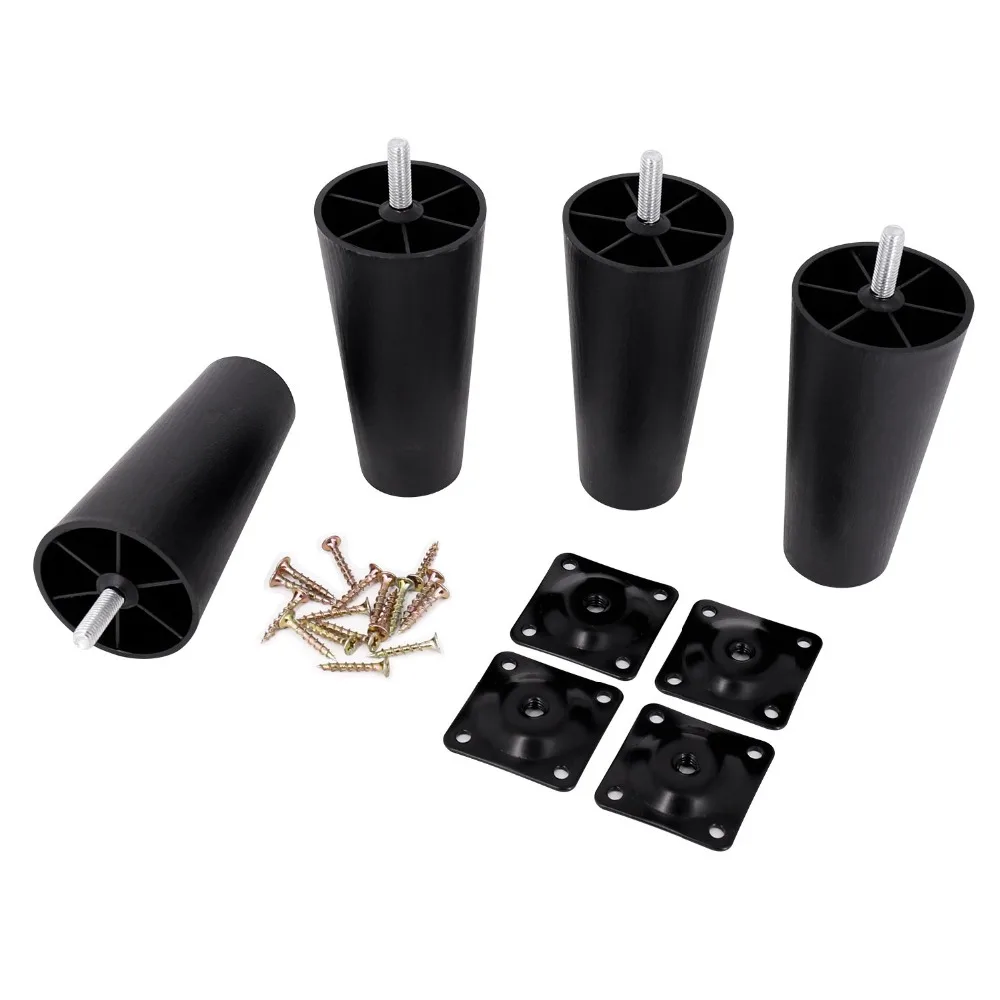 4Pcs Round Tapered Black Plastic Furniture Legs Feet with Mounting Plates M8*25 Thread Shank for Sofa and Chair 4 to12cm height