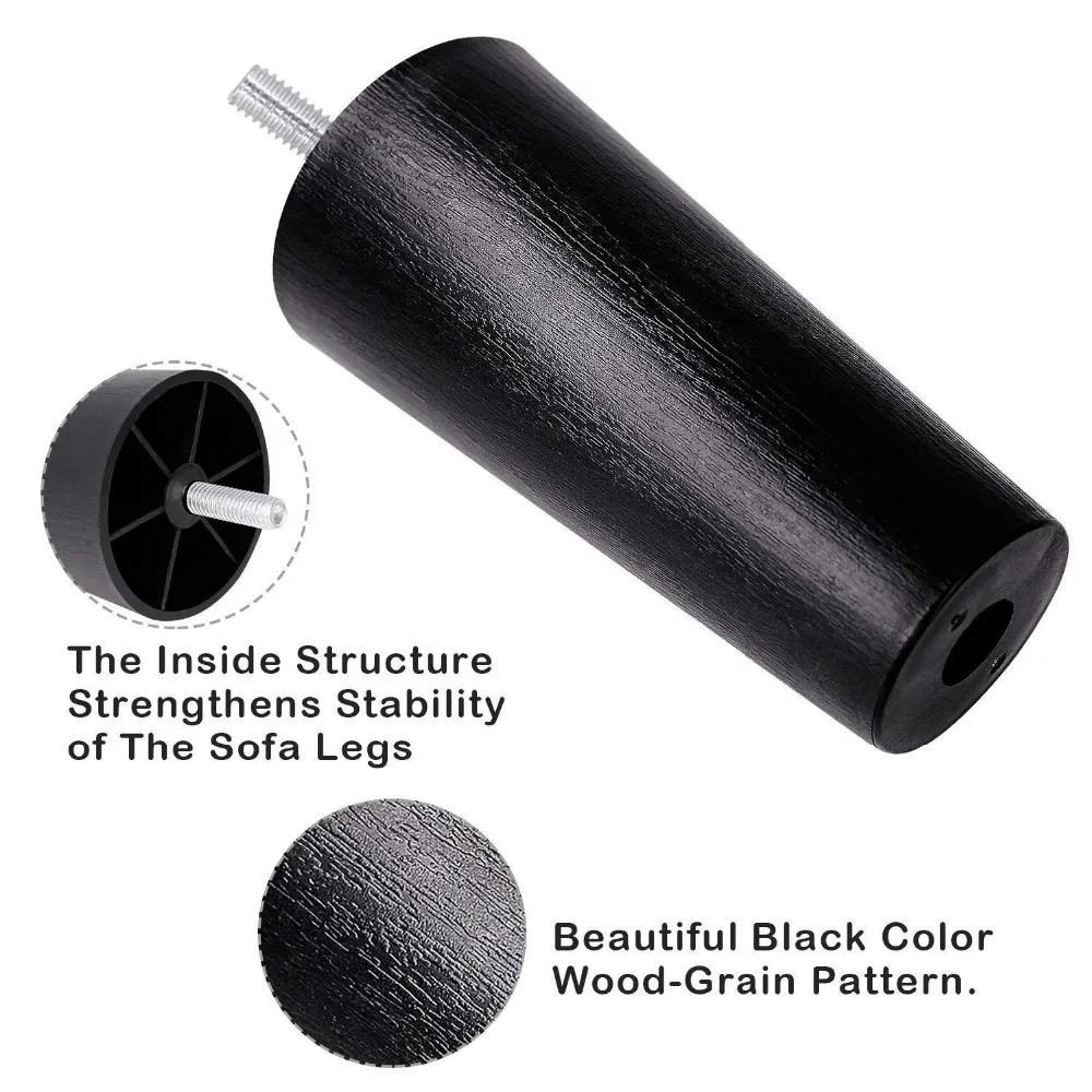 4Pcs Round Tapered Black Plastic Furniture Legs Feet with Mounting Plates M8*25 Thread Shank for Sofa and Chair 4 to12cm height