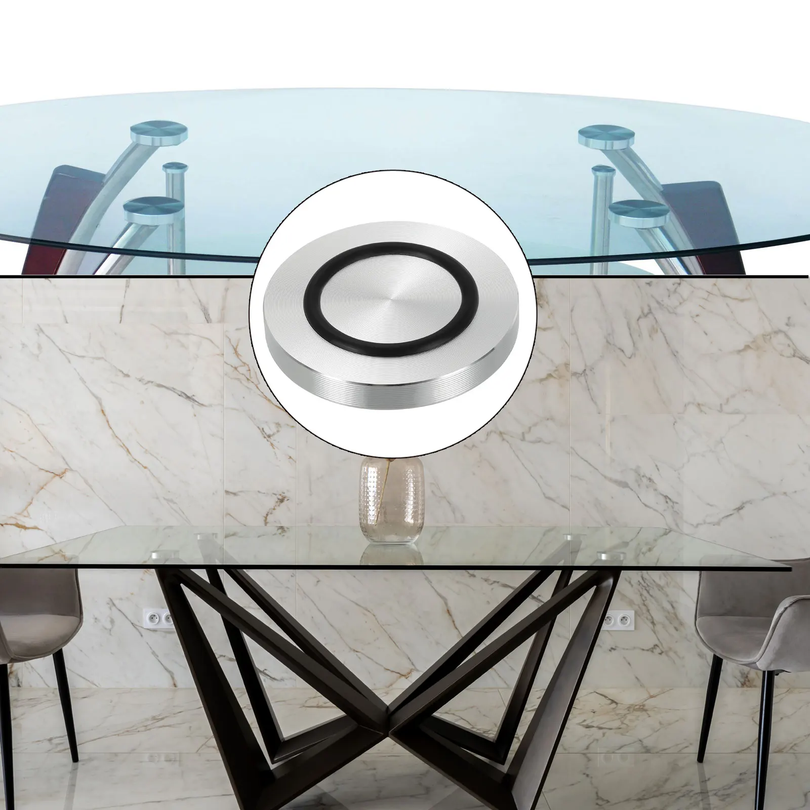 4pcs 40/50/60mm Dia Aluminum Circle Disc Glass Top Adapter M8 Round Table Feet Pad Plate Hardware with Anti-Slip Rubber Ring