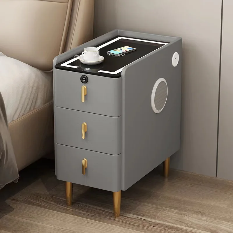 Nordic Style Intelligent Solid Wood Bedside Table Faux Leather 3 Drawers Nightstands with Wireless Charging Side Storage Cabinet