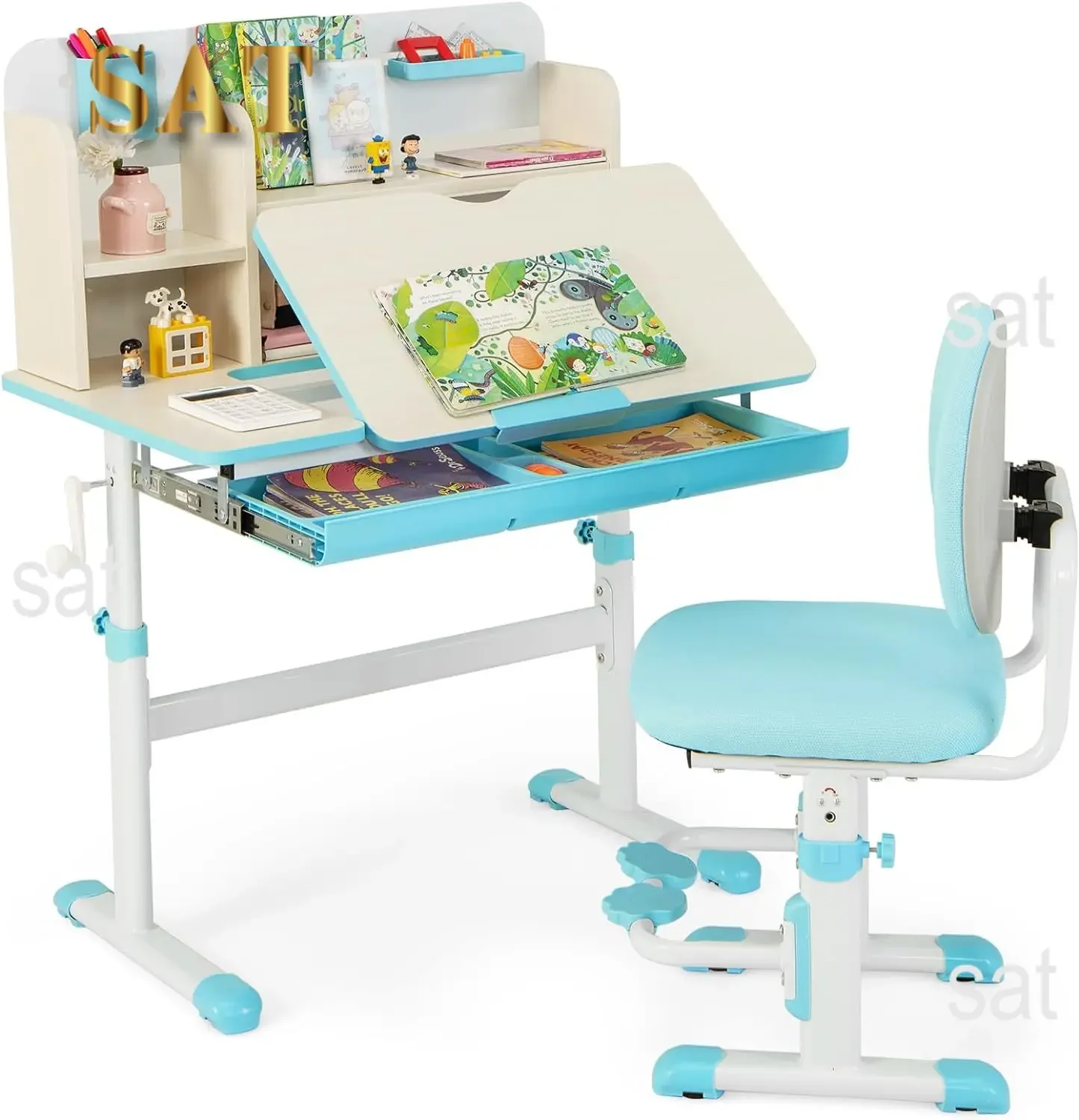 A Kids Desk and Chair Set,Height Adjustable Children School Study Table and Chair Set w/Tilt Desktop,Storage Drawer Hutch