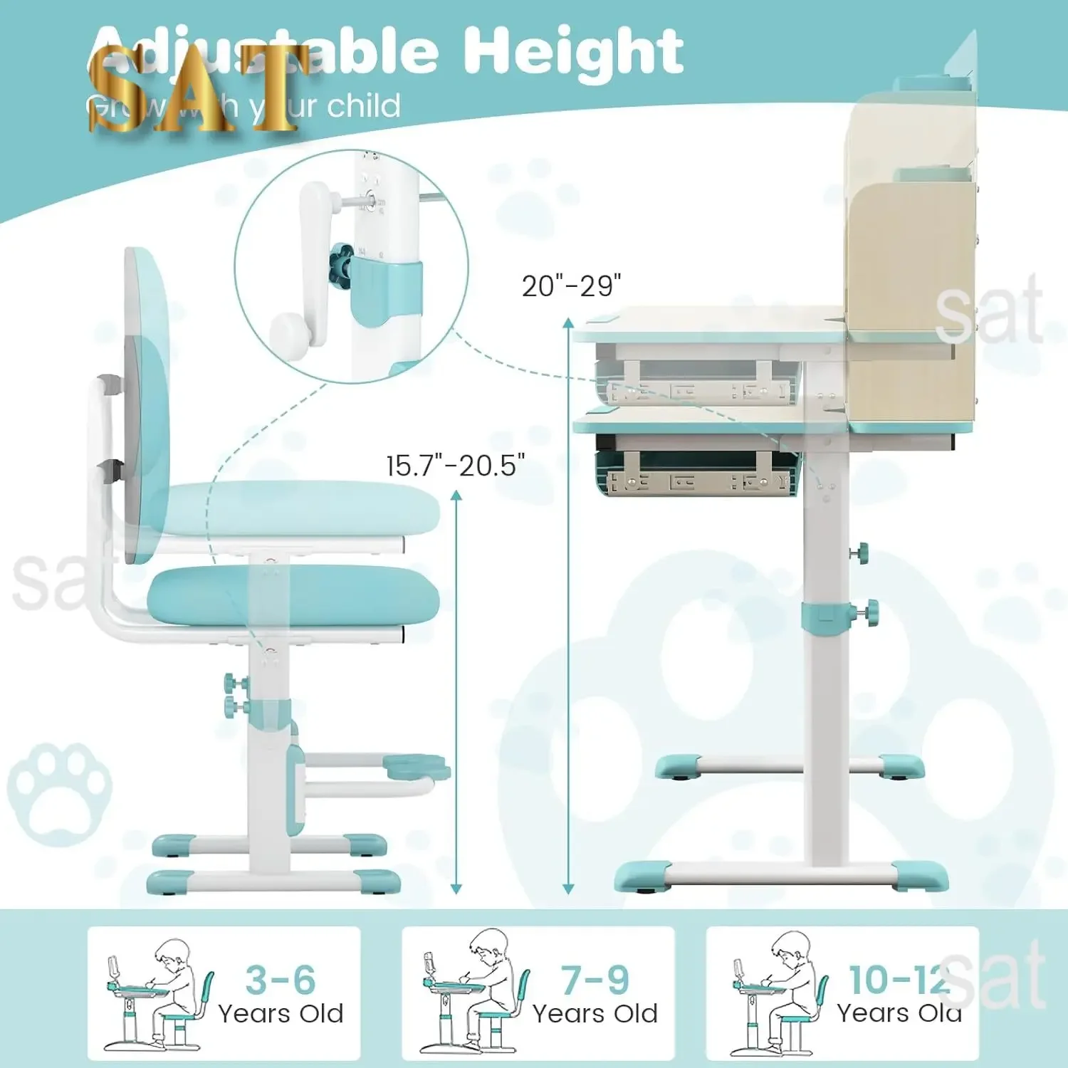 A Kids Desk and Chair Set,Height Adjustable Children School Study Table and Chair Set w/Tilt Desktop,Storage Drawer Hutch