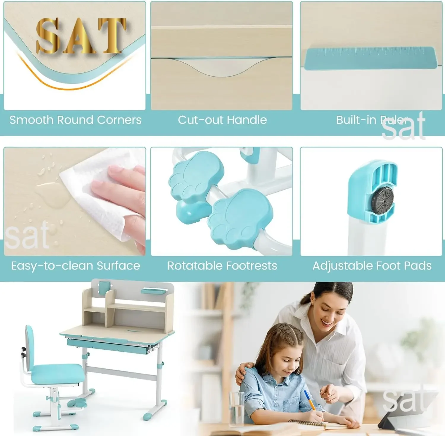 A Kids Desk and Chair Set,Height Adjustable Children School Study Table and Chair Set w/Tilt Desktop,Storage Drawer Hutch