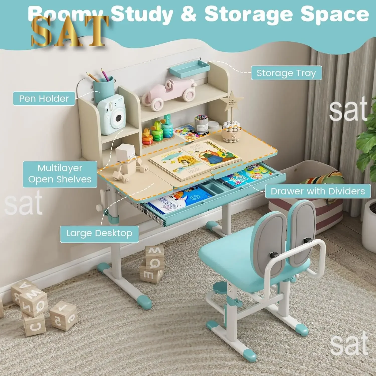A Kids Desk and Chair Set,Height Adjustable Children School Study Table and Chair Set w/Tilt Desktop,Storage Drawer Hutch