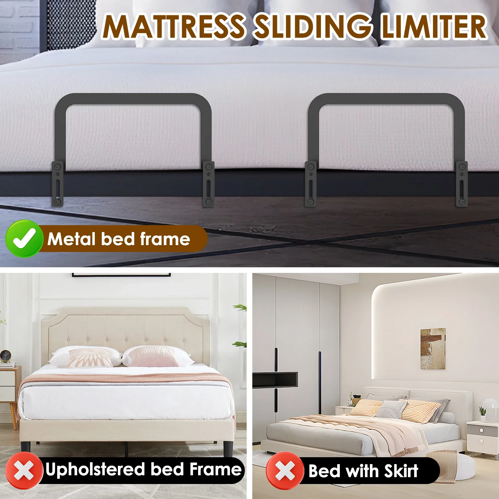 2/4Pcs Mattress Slide Stoppers Metal Non Slip Mattress Gripper Adjustable Mattress Retainer Bar Bracket for Home Metal Bed Frame