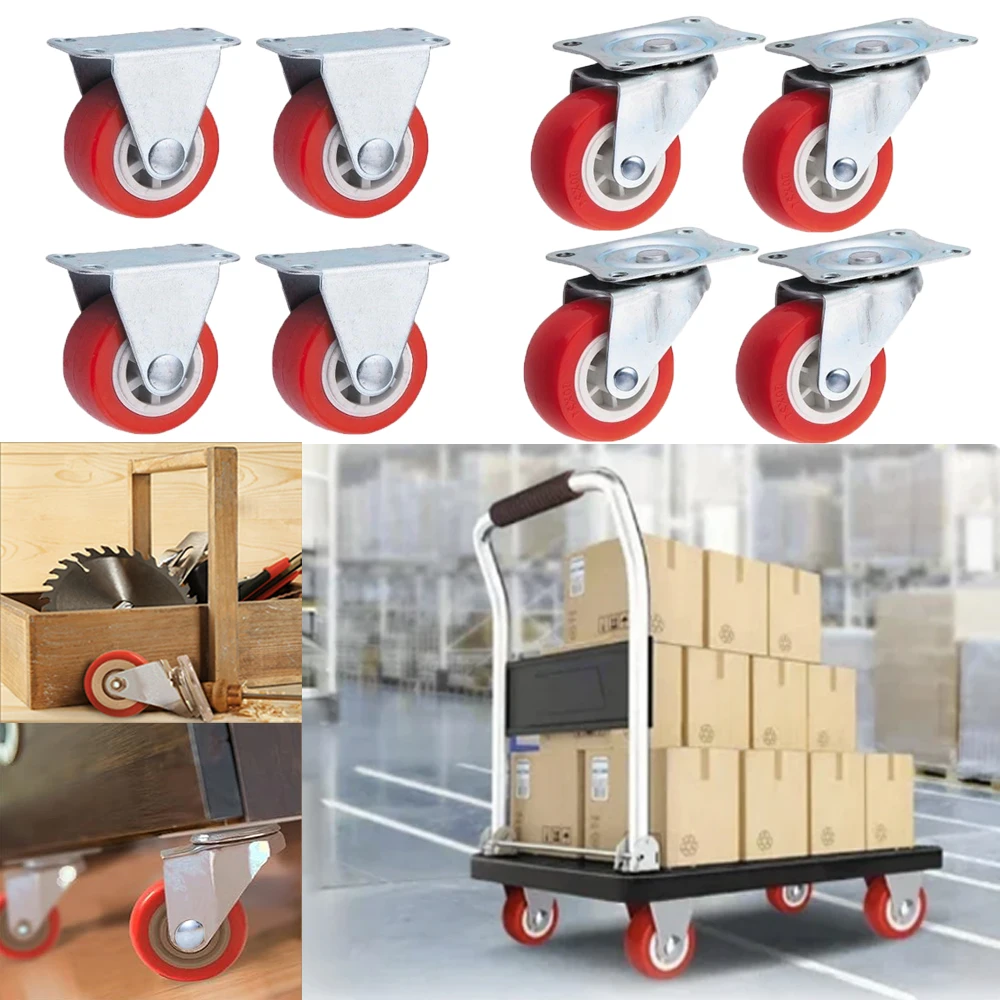 2 ⁄ 4 Quiet Small Casters, Universal Wheels, 1.97' Rotating Casters, Red Fixed Wheels, for Wheelbarrows, Furniture Project Carts