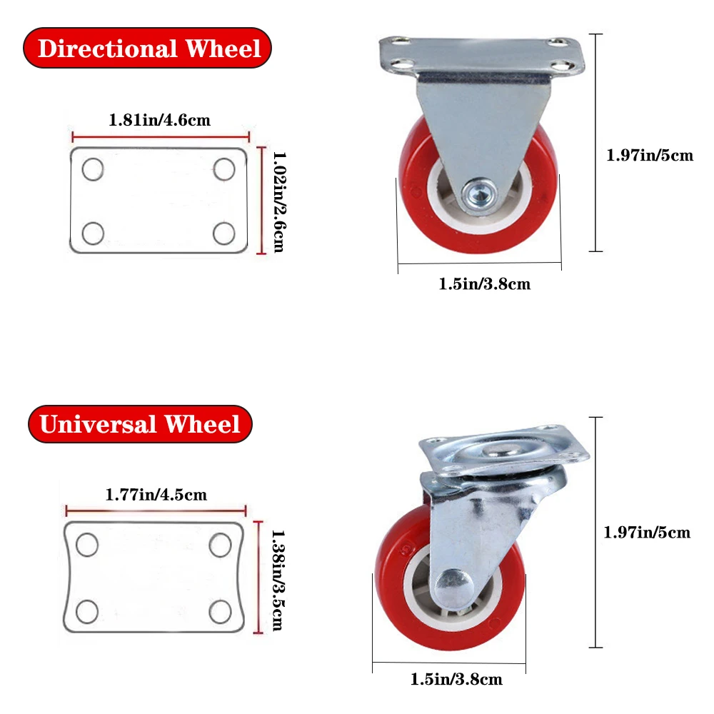 2 ⁄ 4 Quiet Small Casters, Universal Wheels, 1.97' Rotating Casters, Red Fixed Wheels, for Wheelbarrows, Furniture Project Carts