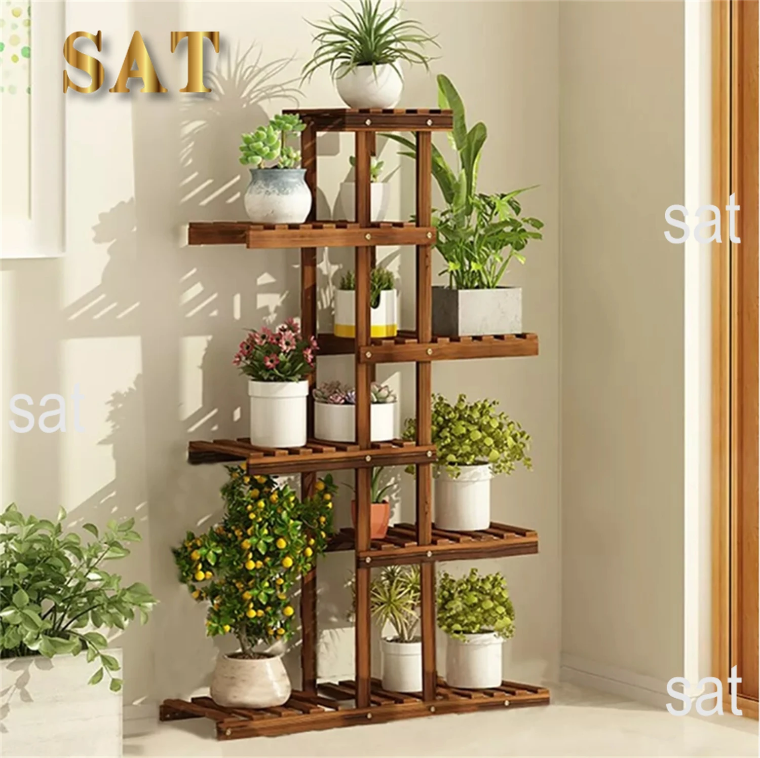 L # Reinforced 52" Tall 6 Tier Wood Plant Stand Corner Shelf Flower Rack Garden Home