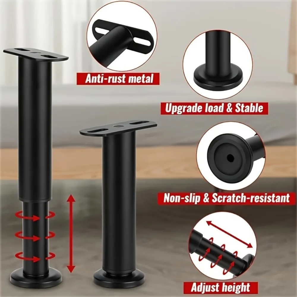 Adjustable Height Range:4 PCS Bed Frame Support Legs - Sturdy Steel with Rubber Base for Suitable for Queen and King Size Beds