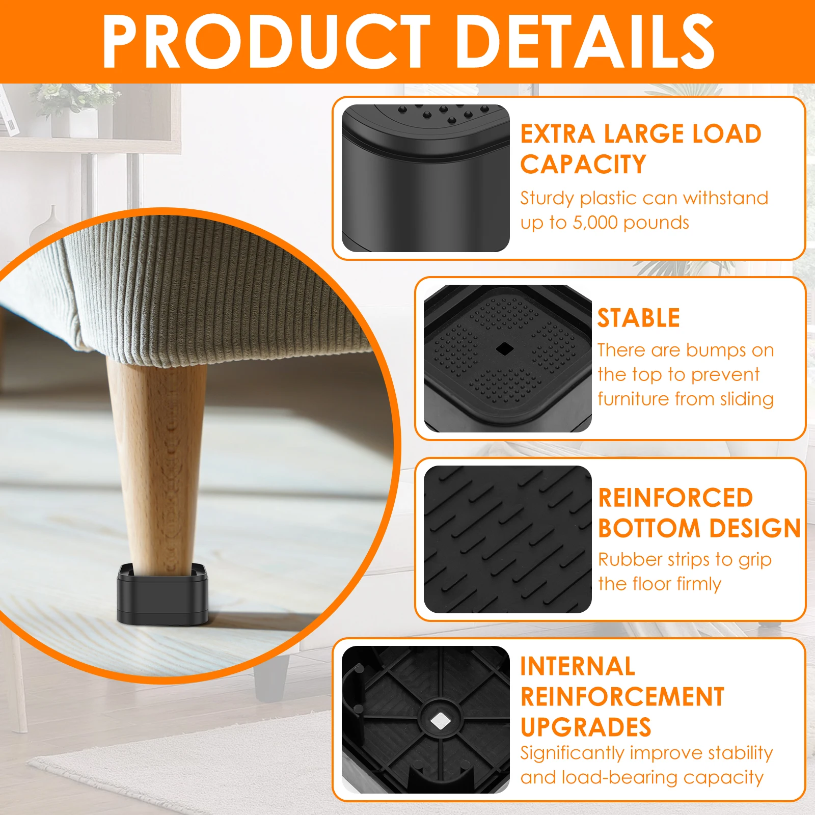 8-24Pcs Furniture Risers Plastic Stackable Bed Raising Blocks with Nonslip Bottom Stable Desk Leg Riser for Sofa Washing Machine