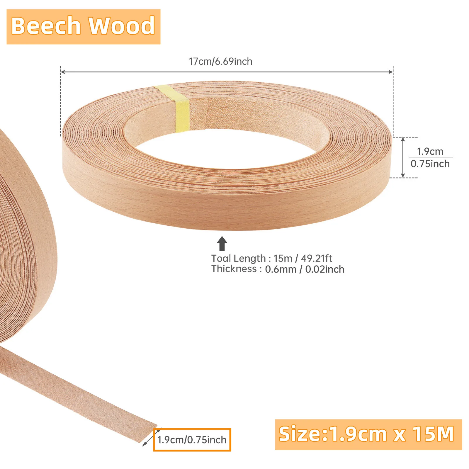 15 Meter Wood Edge Strip Banding Hot Melt Self-Adhesive Furniture Tape Edging Veneer Sheet Cabinet Edge Decoration 1.9CM Width