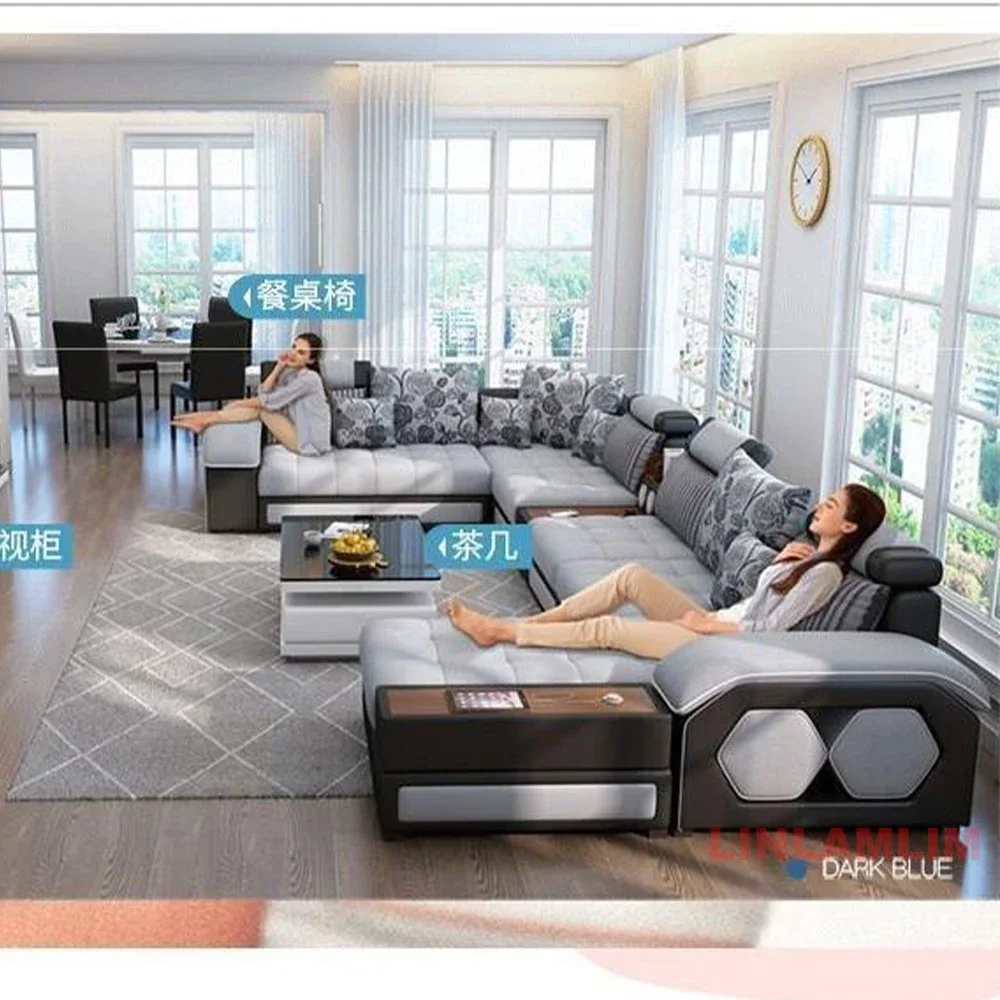 Linlamlim U-Shaped Sectional Fabric Sofa Set - Modern Living Room Furniture with Storage, Built-in Side Table, USB, and Cushions