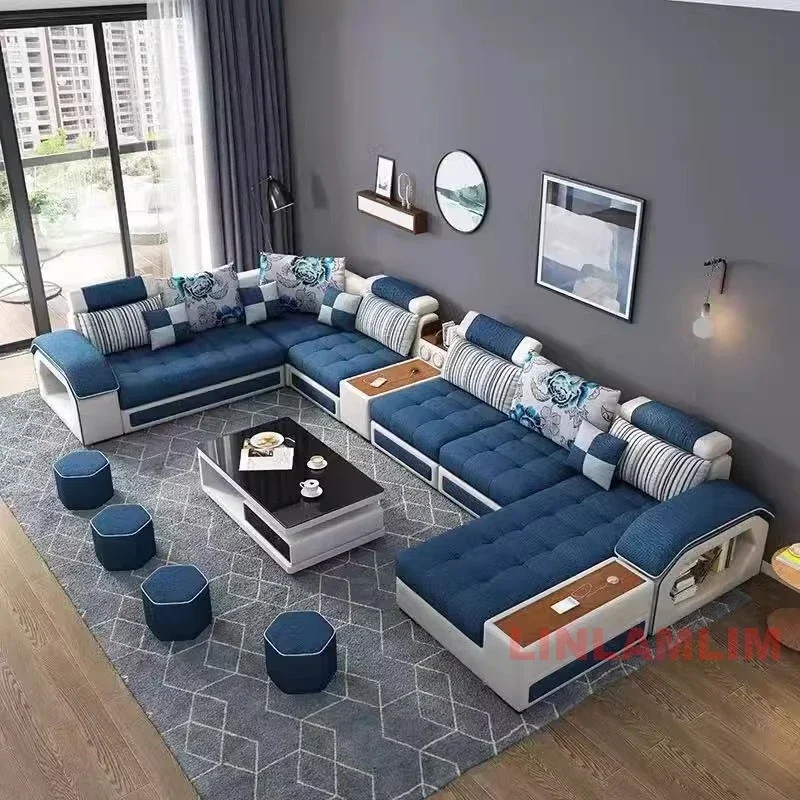 Linlamlim U-Shaped Sectional Fabric Sofa Set - Modern Living Room Furniture with Storage, Built-in Side Table, USB, and Cushions