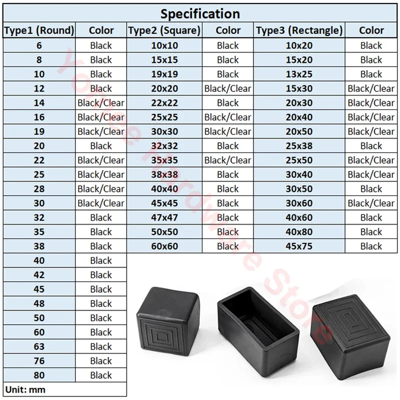 Black Square Silicone Chair Leg Caps PVC Soft Rubber Pipe Sleeve Tube Cap Non-slip Table Foot Dust Cover 10x10mm-45x75mm