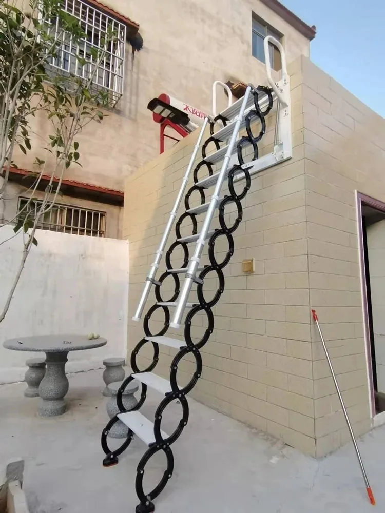 Outdoor Wall-mounted Telescopic Step Ladder carbon steel Lift Ladders for Home Indoor Space-saving Attic Telescopic Staircase