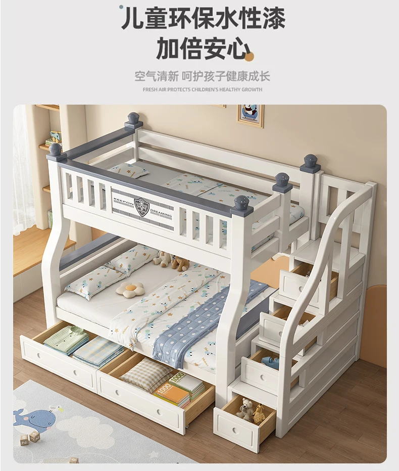 King Size 140x160cm Double Bed Frame Adult Staircase Bunk Beds Loft Headboards Kids Drawer Storage Mattress Bedroom Furniture