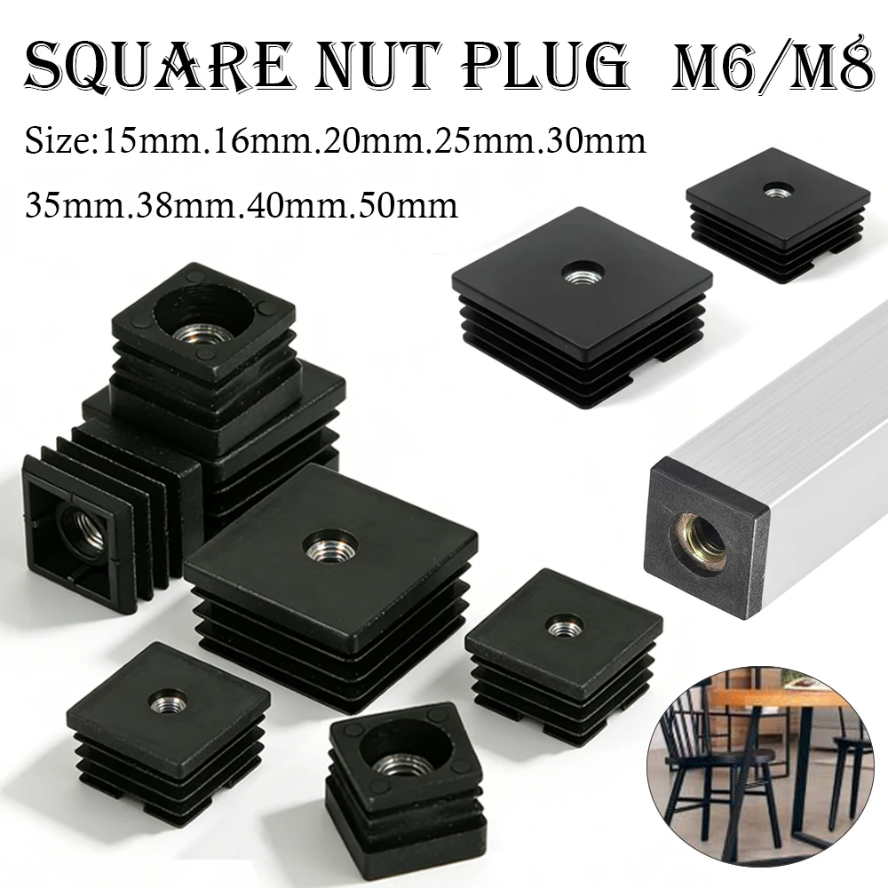 4-20pcs Plastic Square Pipe Plugs with M6 M8 Nut Hole, Blanking End Caps for Tube Furniture Leg Feet, Cover Inserts M6 M8