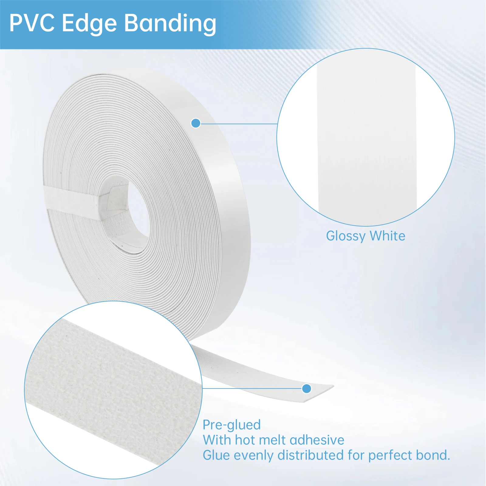 3m 7.6m 15.2m Gloss White Hot Melt Adhesive PVC Edge Banding Pre-glued Veneer Edging for Plywood Table / Cabinet