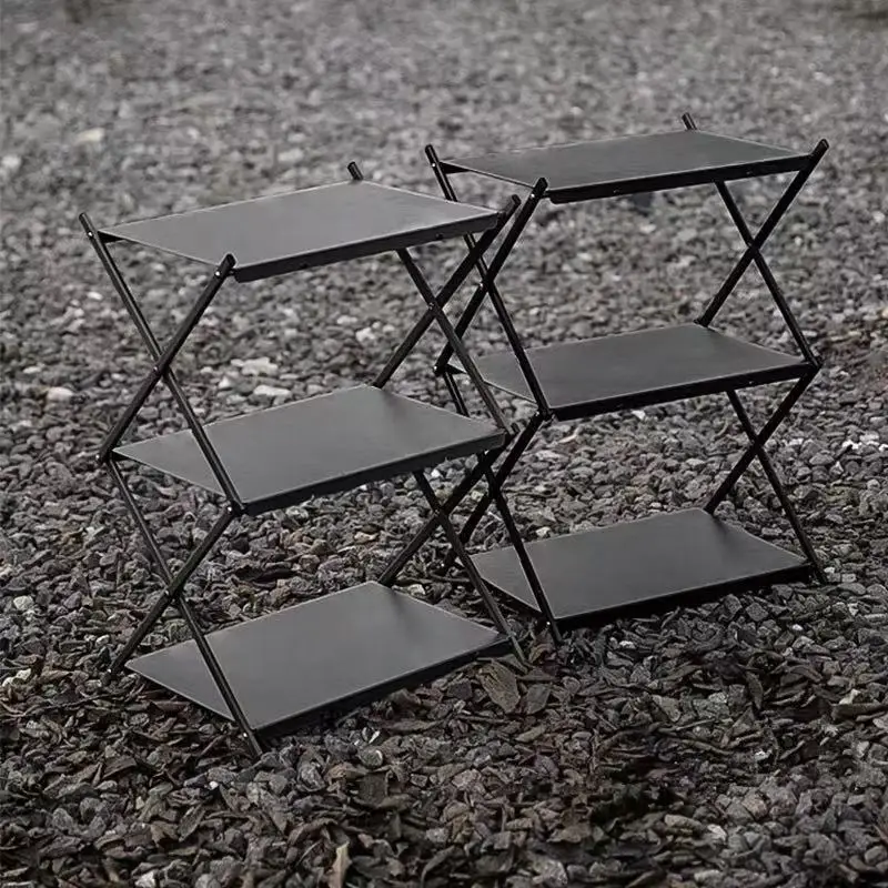 Three-tier Rack Outdoor Folding Storage Shelf Portable Desktop Organizer Shelves Picnic BBQ Storage Rack Table