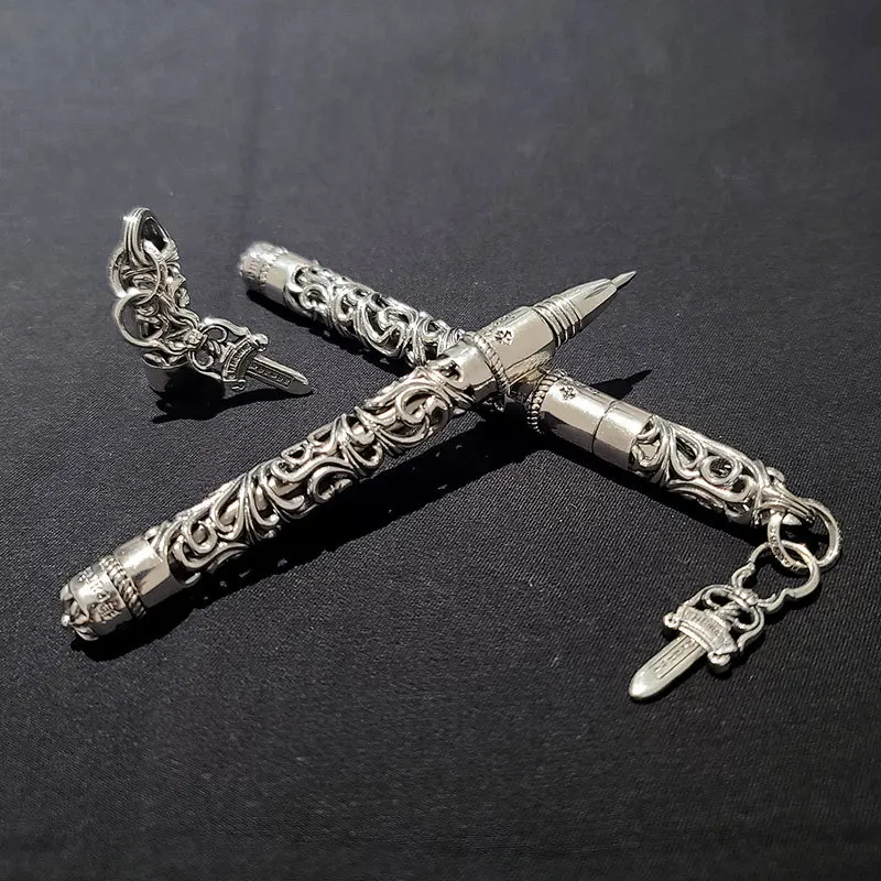 European Court Style 925 Silver, Hollow Cross Engraving, Metal Signature Pen, Ballpoint Pen, Gift.