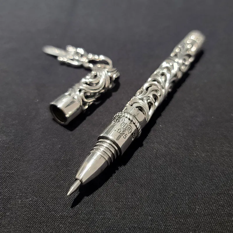 European Court Style 925 Silver, Hollow Cross Engraving, Metal Signature Pen, Ballpoint Pen, Gift.
