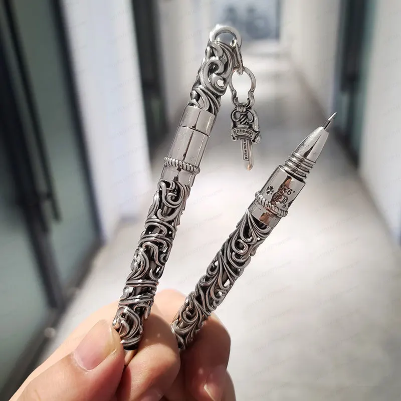 European Court Style 925 Silver, Hollow Cross Engraving, Metal Signature Pen, Ballpoint Pen, Gift.