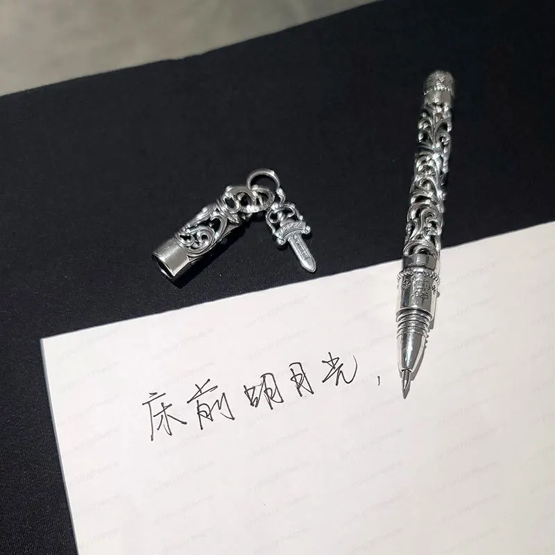European Court Style 925 Silver, Hollow Cross Engraving, Metal Signature Pen, Ballpoint Pen, Gift.