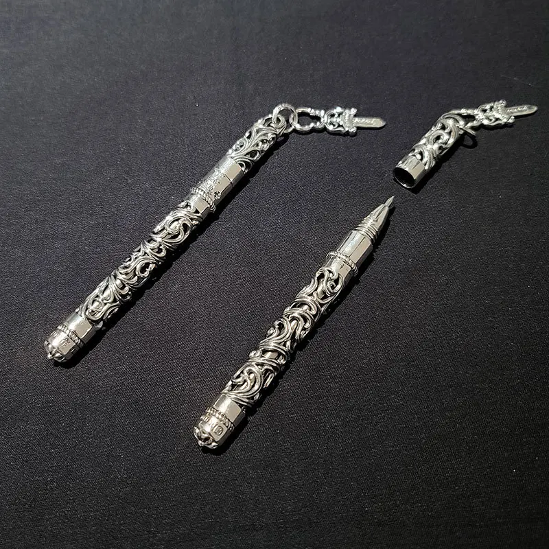 European Court Style 925 Silver, Hollow Cross Engraving, Metal Signature Pen, Ballpoint Pen, Gift.