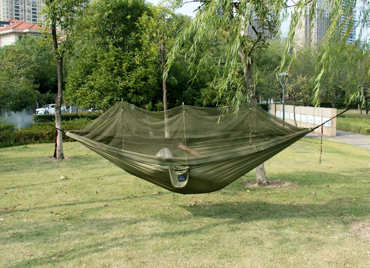 Single and Double Size Nylon Fabric Portable Travel Outdoor Camping Hanging Sleeping Hammock with Mosquito Net