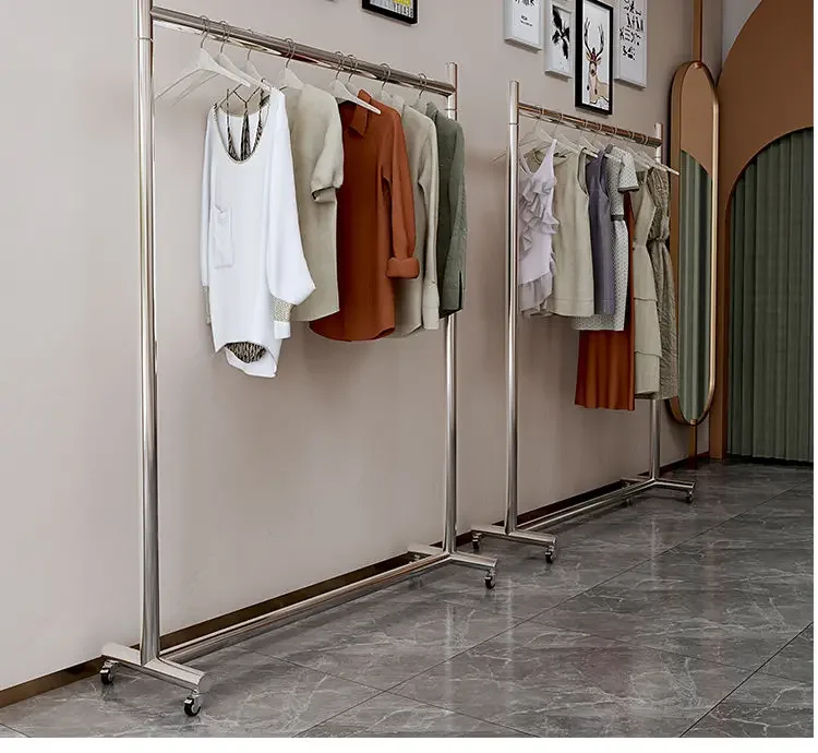 Movable Home Coat Racks Nordic Stainless Steel Rack Clothing Store Display Rack Hanging Clothes Rack Brushed Silver with Wheels