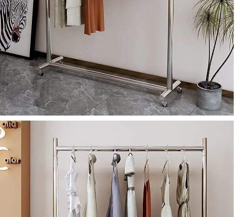 Movable Home Coat Racks Nordic Stainless Steel Rack Clothing Store Display Rack Hanging Clothes Rack Brushed Silver with Wheels