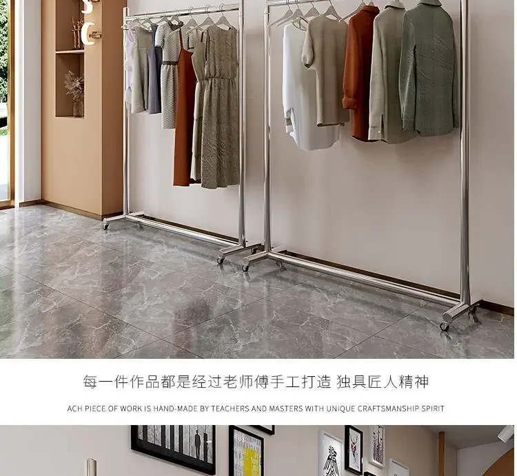 Movable Home Coat Racks Nordic Stainless Steel Rack Clothing Store Display Rack Hanging Clothes Rack Brushed Silver with Wheels