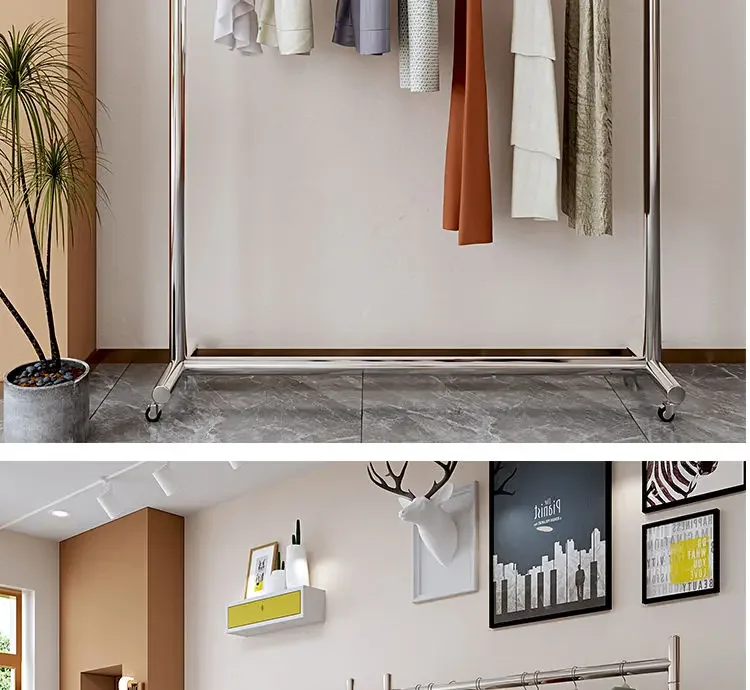 Movable Home Coat Racks Nordic Stainless Steel Rack Clothing Store Display Rack Hanging Clothes Rack Brushed Silver with Wheels
